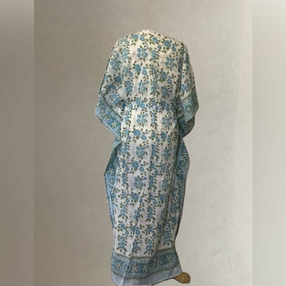 NWOT - Kaftan. One size, stunning blue green Floral India Block Print Elegant - Picture 2 of 6